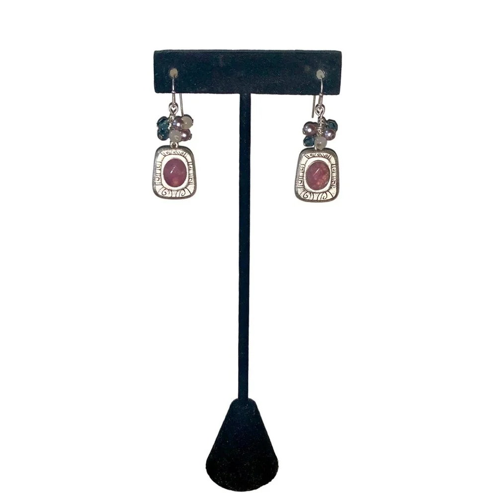 Sterling Silver Amethyst Color Stone Beaded Dangle Fishhook Earrings NWOT